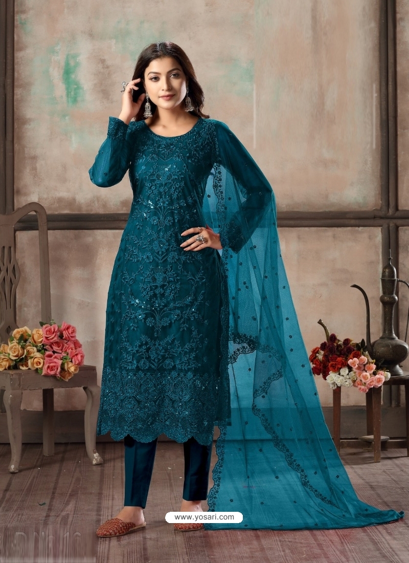 Teal Blue Designer Net Straight Salwar Suit