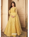Yellow Latest Designer Party Wear Butterfly Net Gown Suit