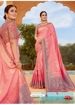 Light Red Designer Party Wear Silk Sari