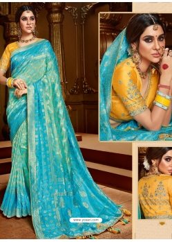 Sky Blue Designer Party Wear Silk Sari