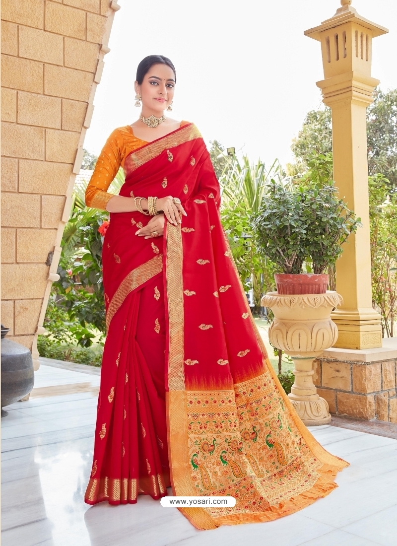 Red Designer Party Wear Fancy Silk Sari