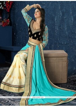 Lively Cream And Turquoise Silk Designer Half N Half Saree