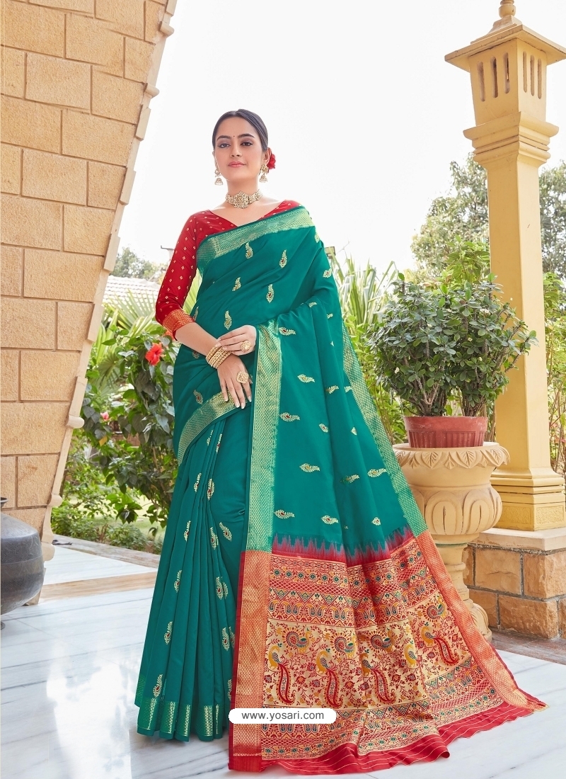 Teal Designer Party Wear Fancy Silk Sari