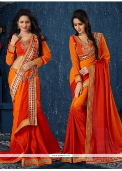 Red And Orange Lace Work Crepe Jacquard Designer Saree