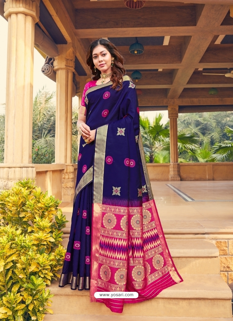 Dark Blue Designer Party Wear Fancy Silk Sari