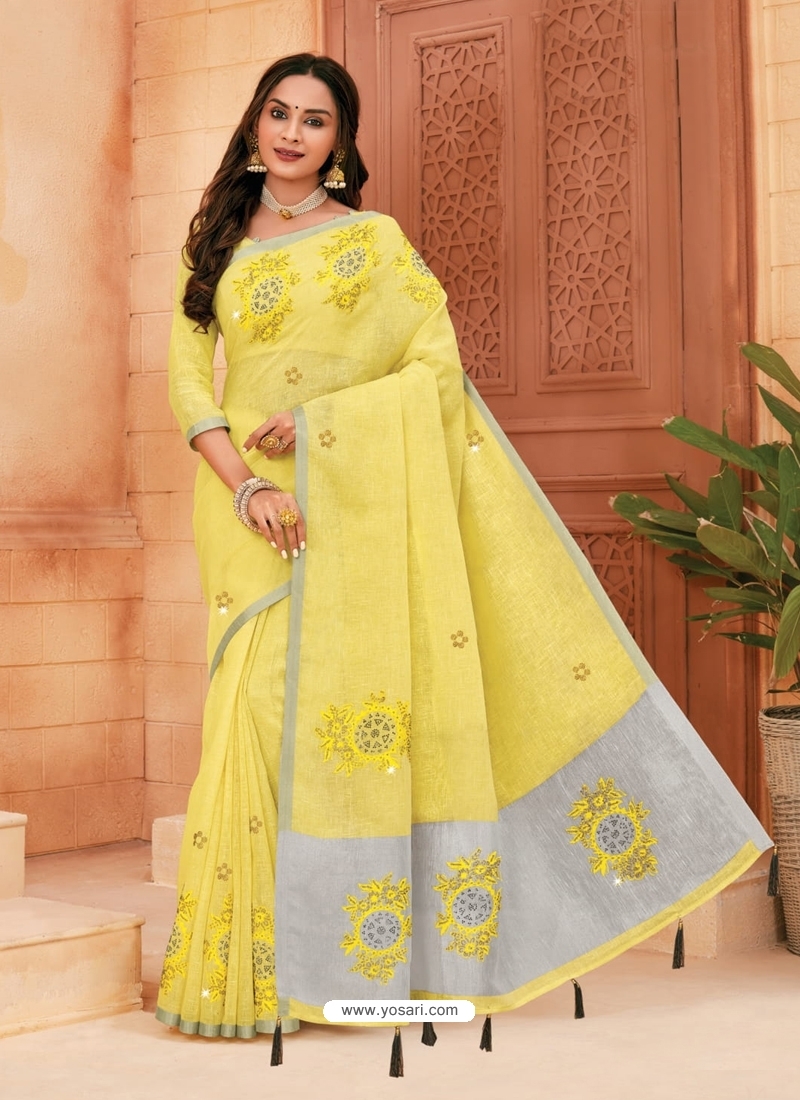 Yellow Designer Party Wear Cotton Sari