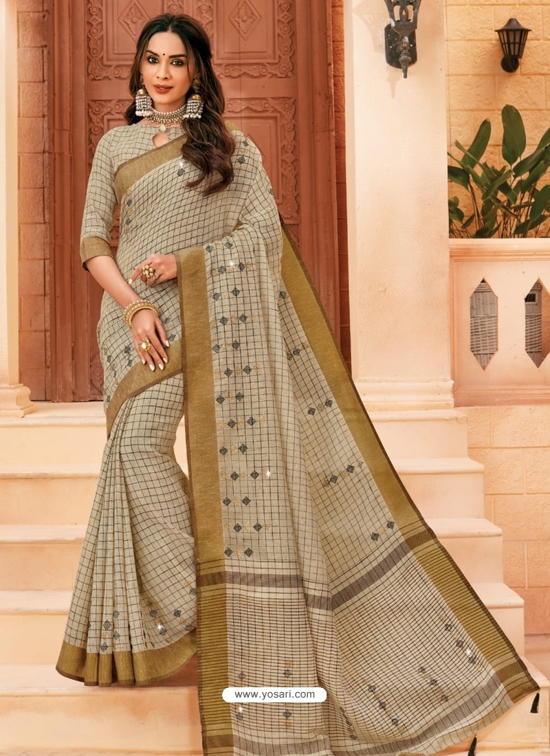 Taupe Designer Party Wear Cotton Sari