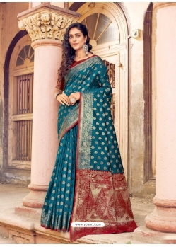 Teal Blue Designer Party Wear Banarasi Silk Sari