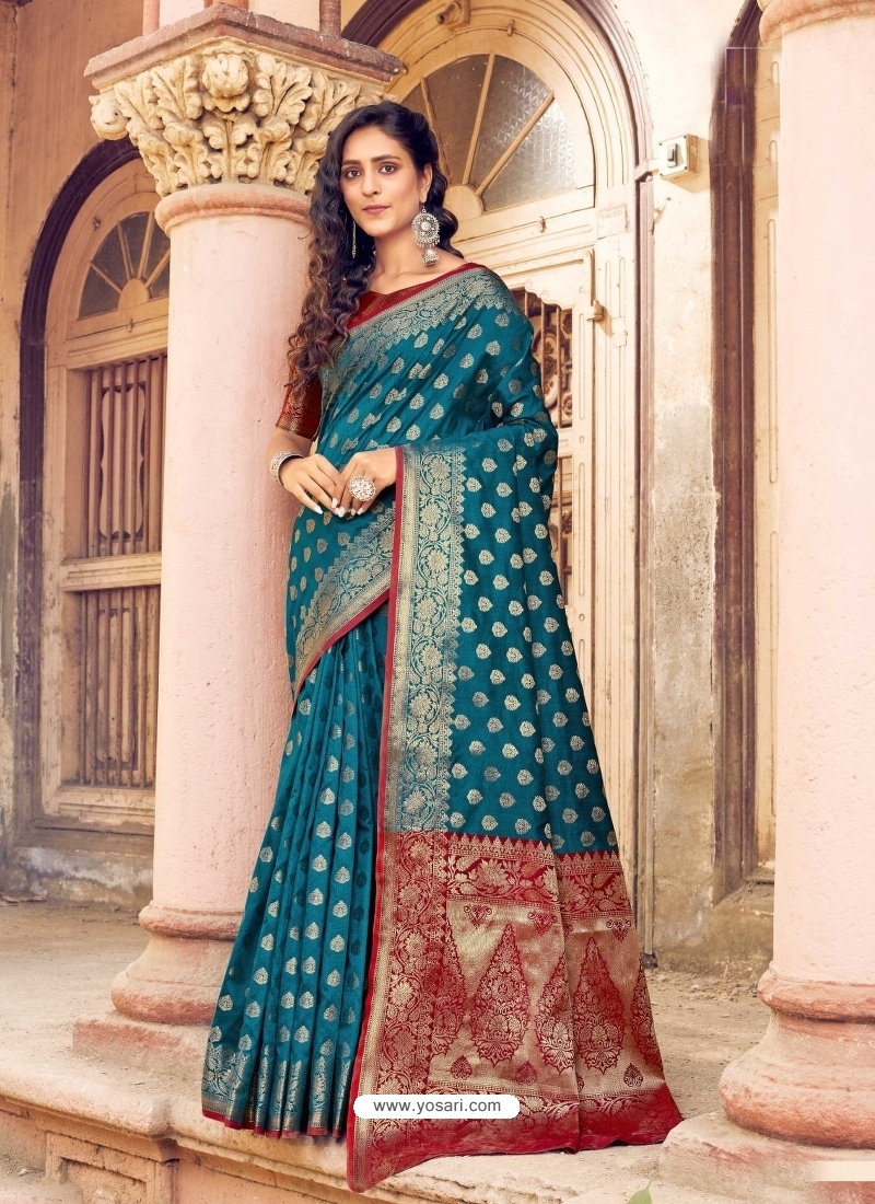 Teal Blue Designer Party Wear Banarasi Silk Sari