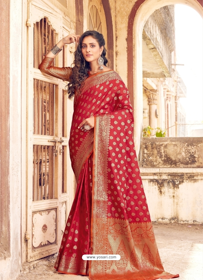 Tomato Red Designer Party Wear Banarasi Silk Sari