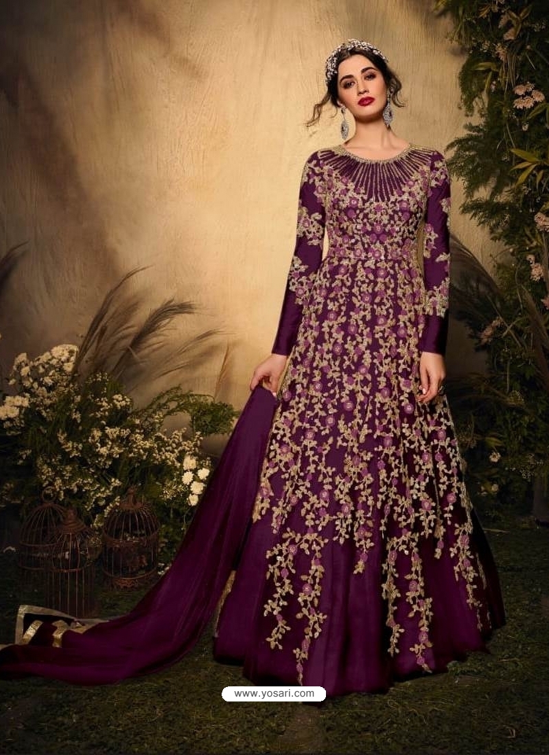 Purple Latest Designer Party Wear Soft Net Gown Suit