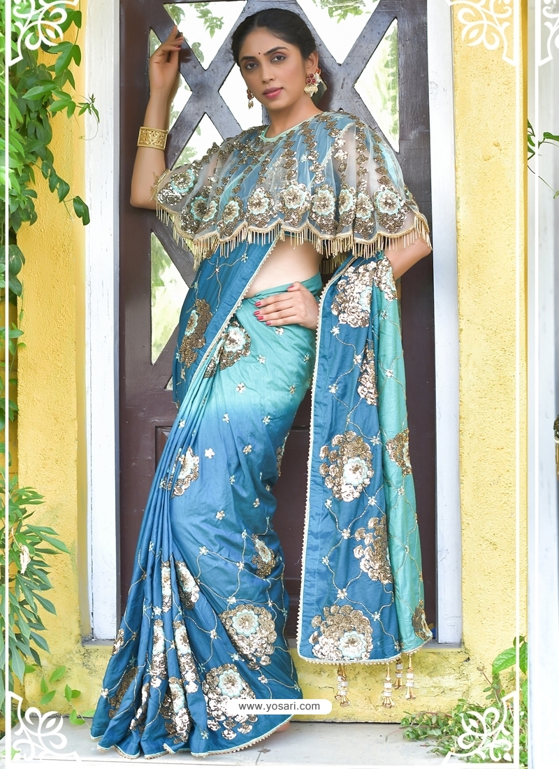 Blue Latest Designer Party Wear Sari