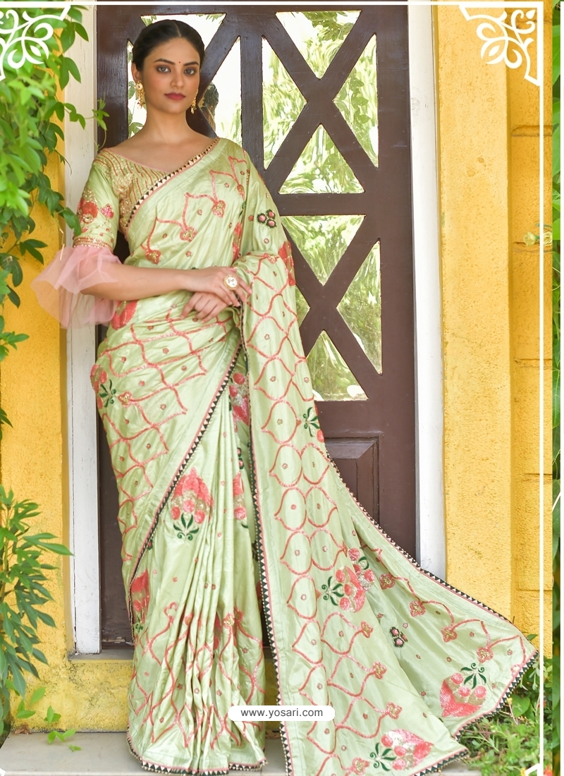 Pista Green Latest Designer Party Wear Sari