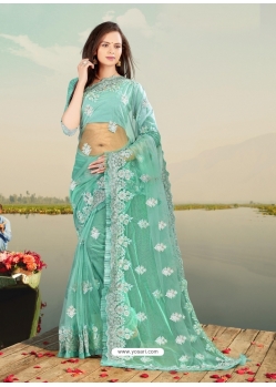 Aqua Mint Designer Party Wear Net Sari