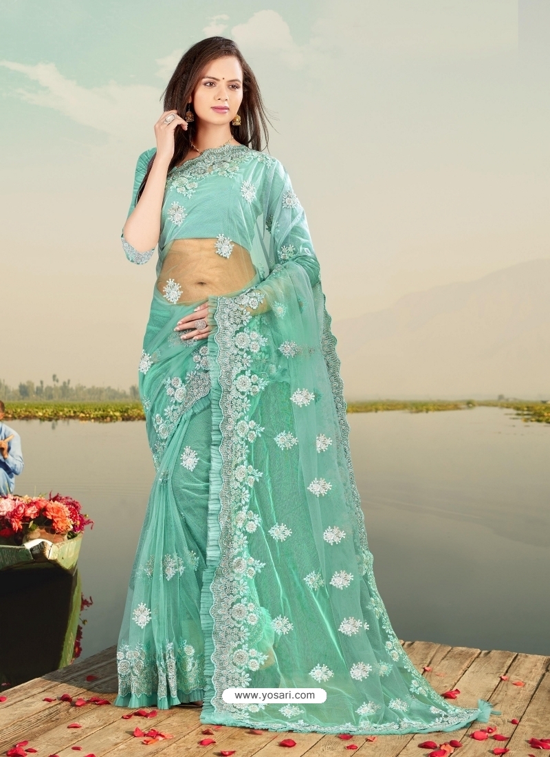 Aqua Mint Designer Party Wear Net Sari