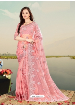 Peach Designer Party Wear Net Sari