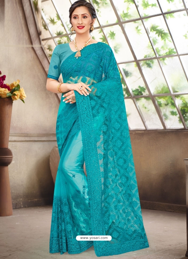 Blue Latest Designer Party Wear Net Sari