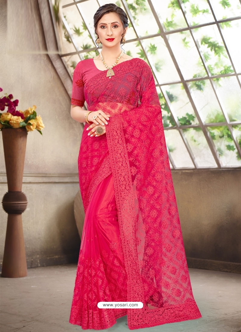 Fuchsia Latest Designer Party Wear Net Sari