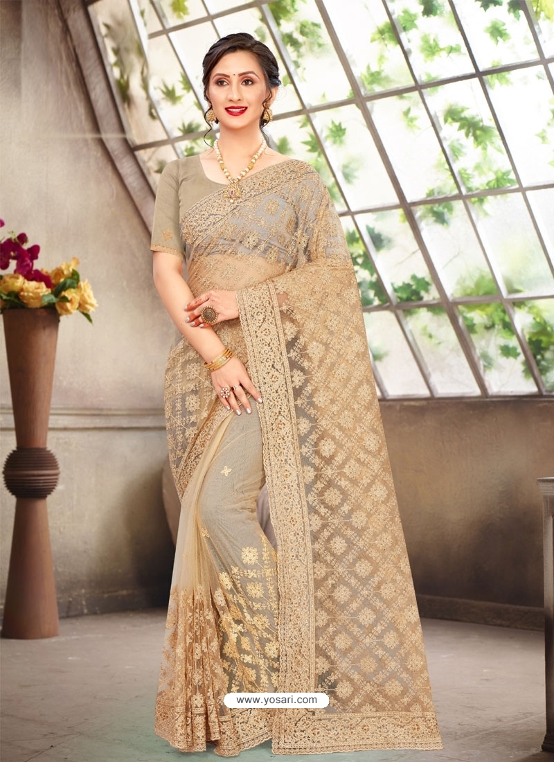 Gold Latest Designer Party Wear Net Sari