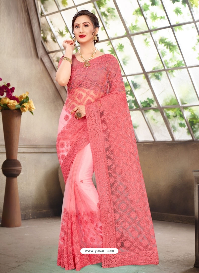 Peach Latest Designer Party Wear Net Sari