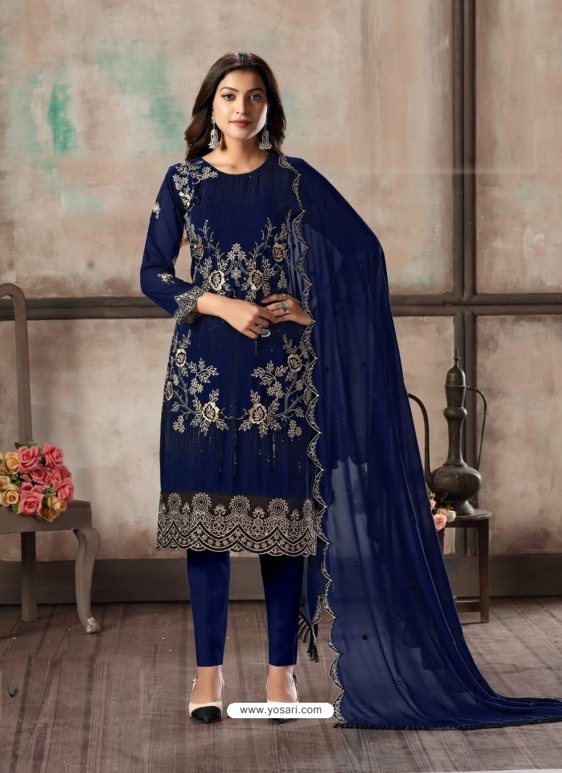 Dark Blue Designer Faux Georgette Party Wear Straight Salwar Suit