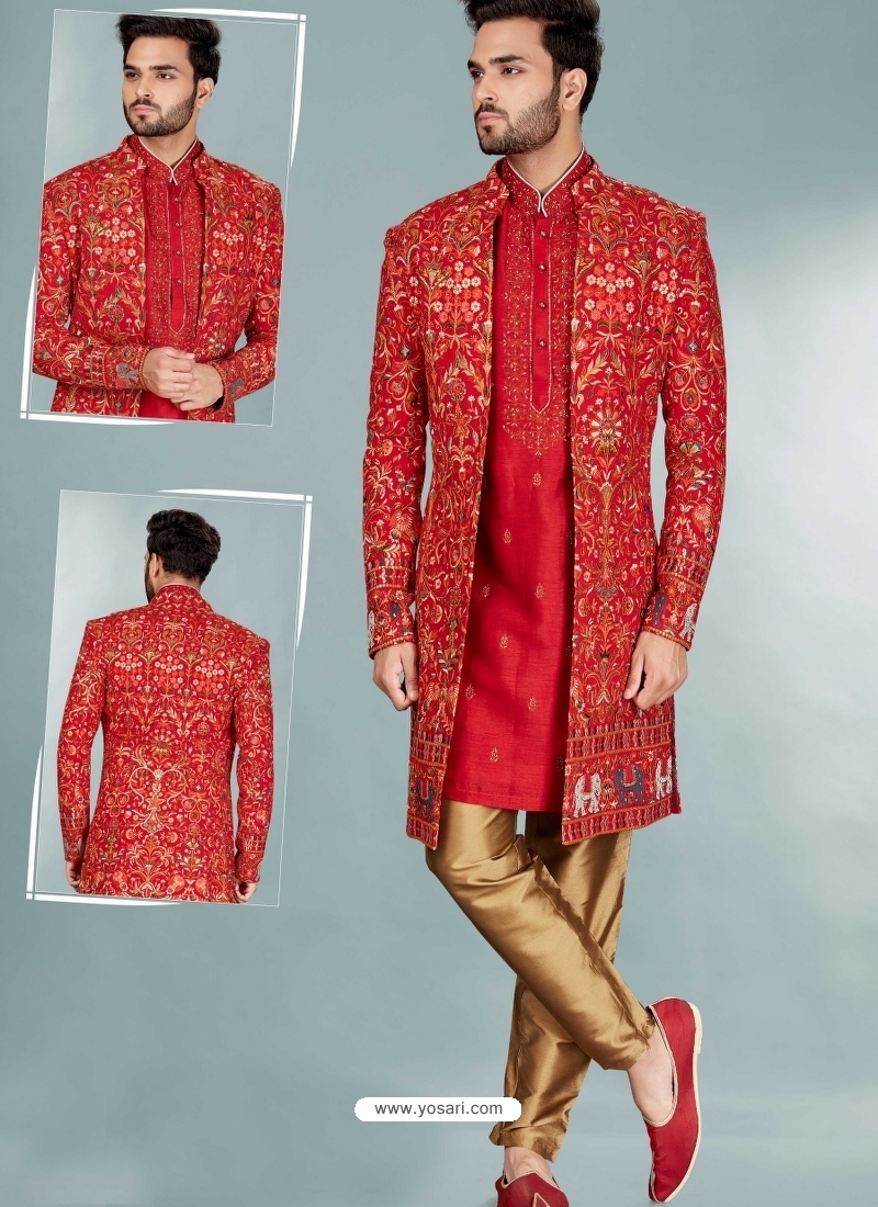 Red Readymade Designer Indo Western Sherwani