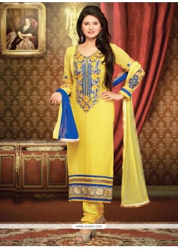 Awesome Yellow Embroidered Work Churidar Suit