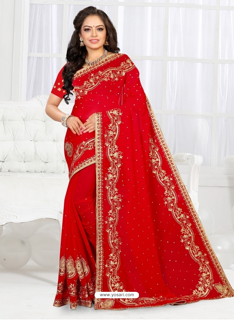 Red Latest Designer Booming Georgette Party Wear Sari
