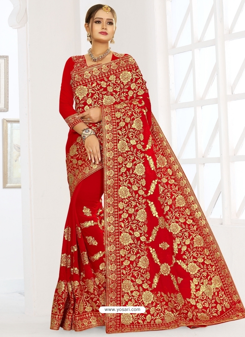 Classy Red Latest Designer Booming Georgette Party Wear Sari