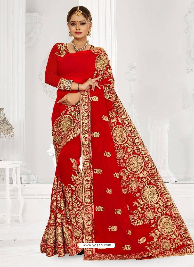 Astonishing Red Latest Designer Booming Georgette Party Wear Sari