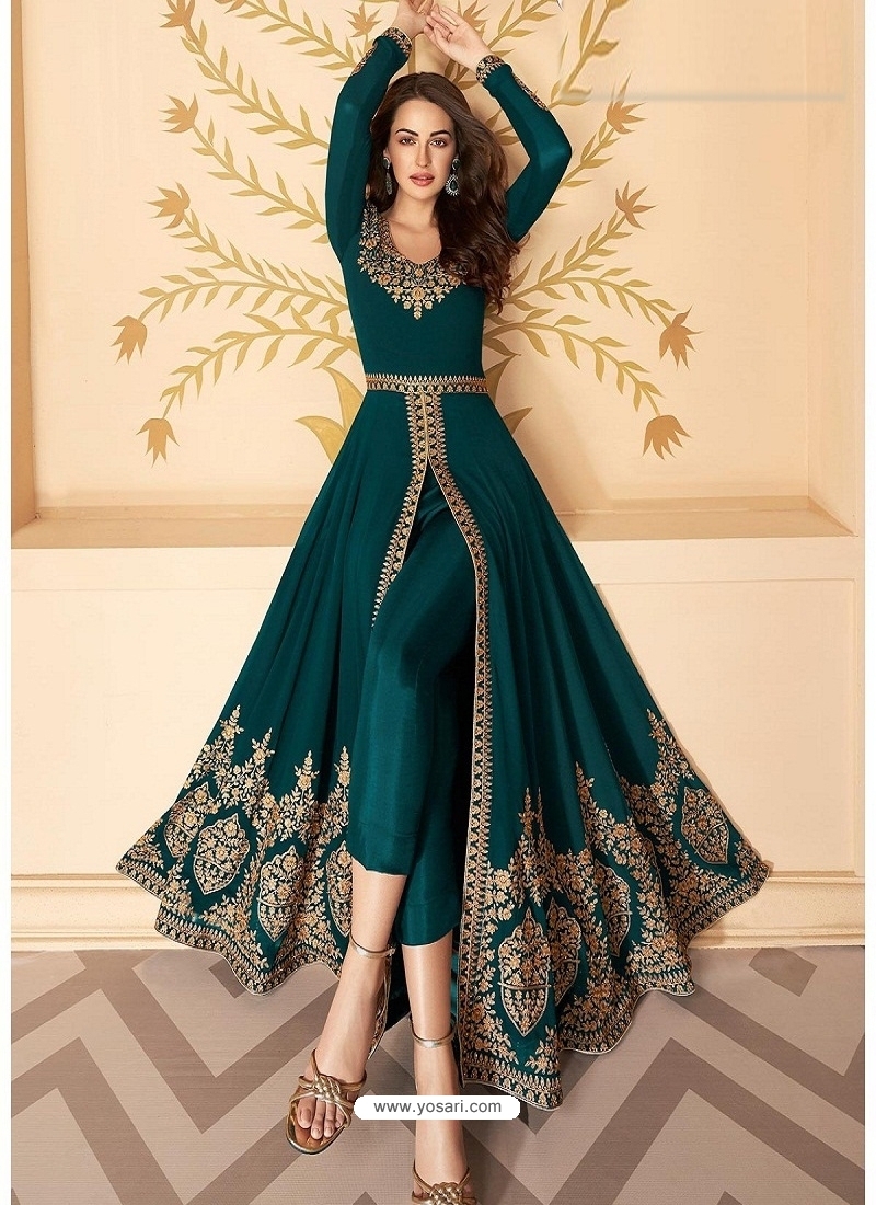 Teal Blue Latest Designer Party Wear Real Georgette Gown Suit
