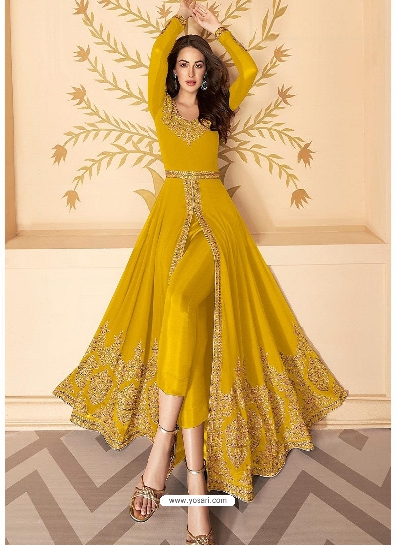 Yellow Latest Designer Party Wear Real Georgette Gown Suit