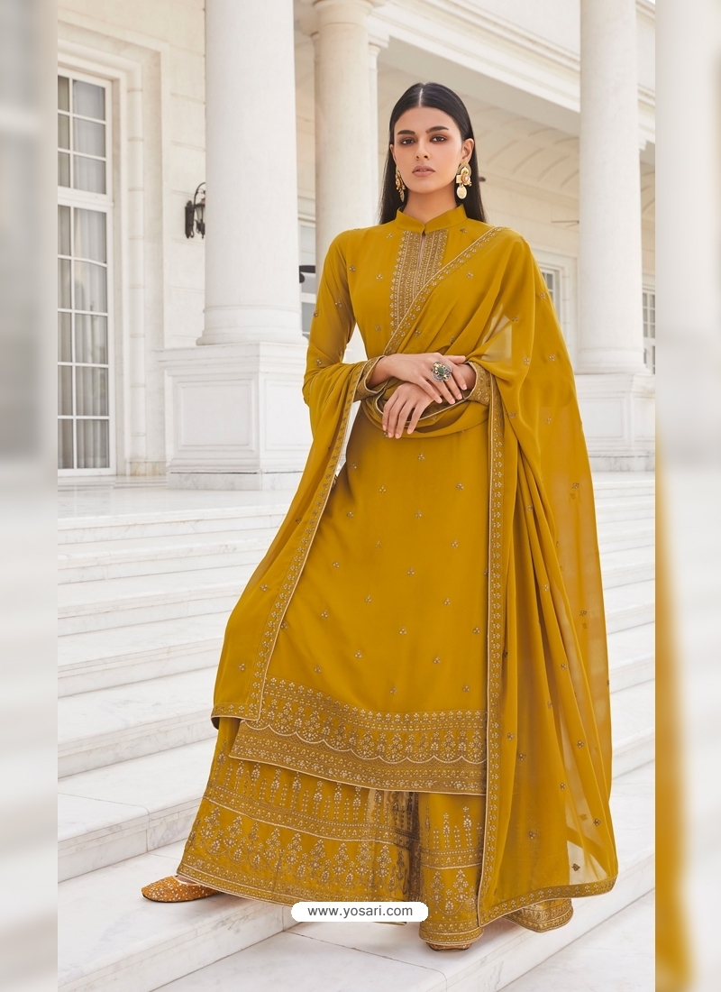 Mustard Real Georgette Designer Party Wear Palazzo Suit