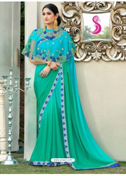 Aqua Mint Latest Designer Party Wear Chiffon Sari With Ponchu