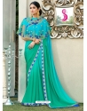 Aqua Mint Latest Designer Party Wear Chiffon Sari With Ponchu