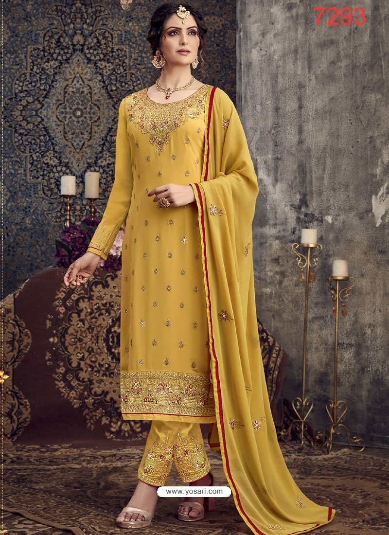 Yellow Georgette Designer Party Wear Straight Suit