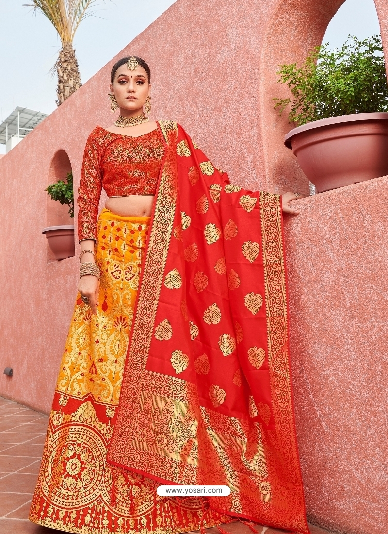 Yellow Designer Banarasi Silk Jacquard Wedding Lehenga Choli