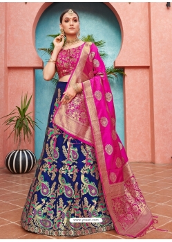 Dark Blue Designer Banarasi Silk Jacquard Wedding Lehenga Choli