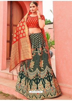 Dark Green Designer Banarasi Silk Jacquard Wedding Lehenga Choli