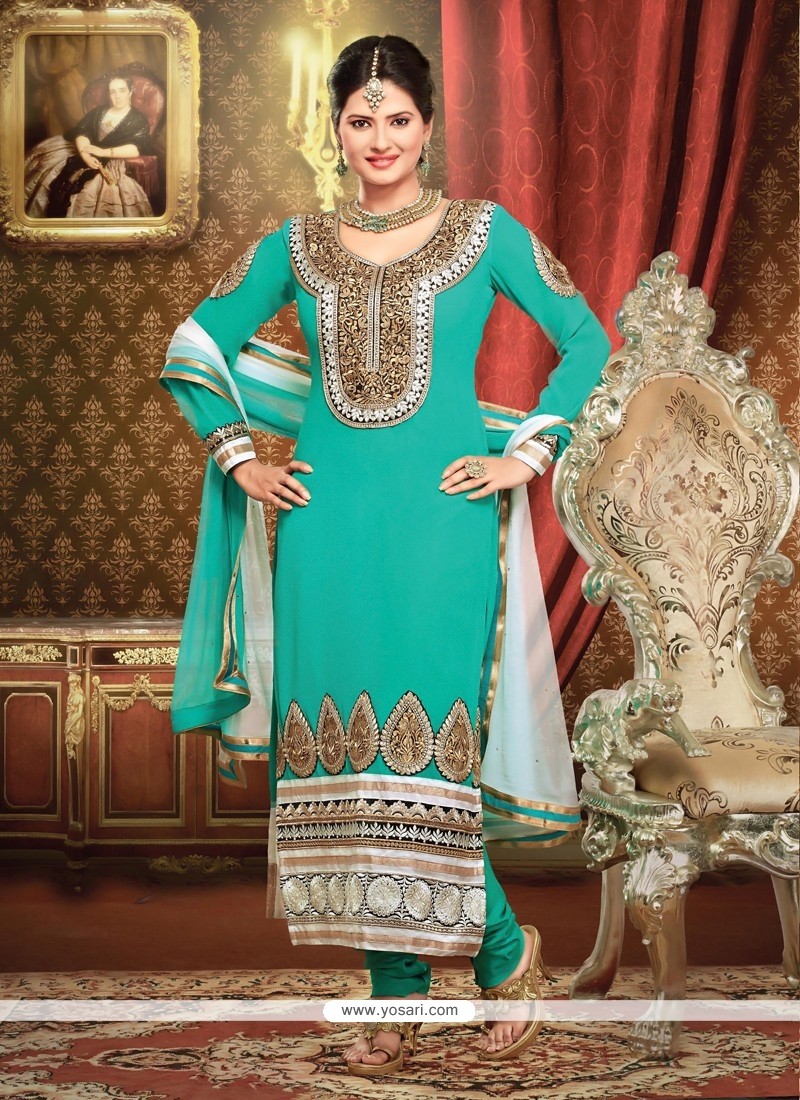 Turquoise Georgette Zari Churidar Suit