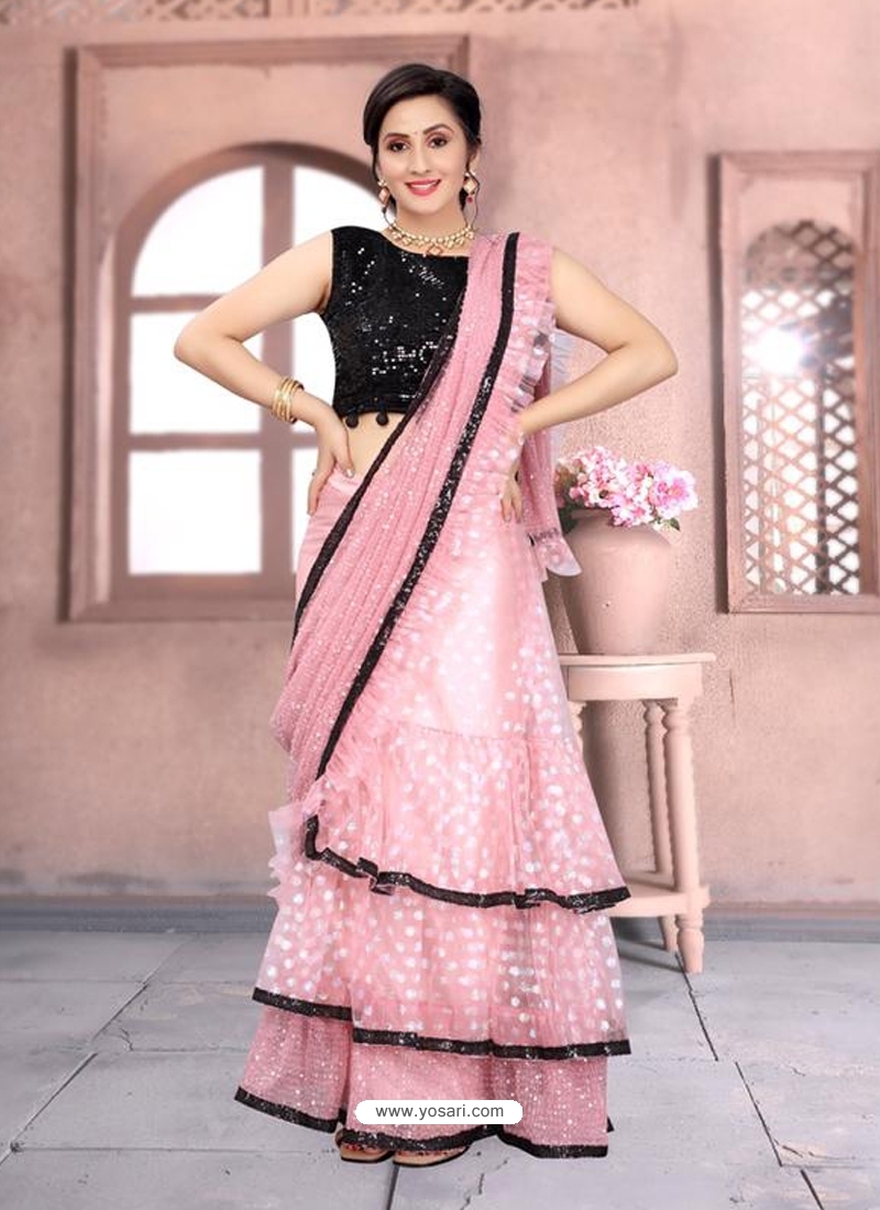 Pink Latest Designer Net Party Wear Sari