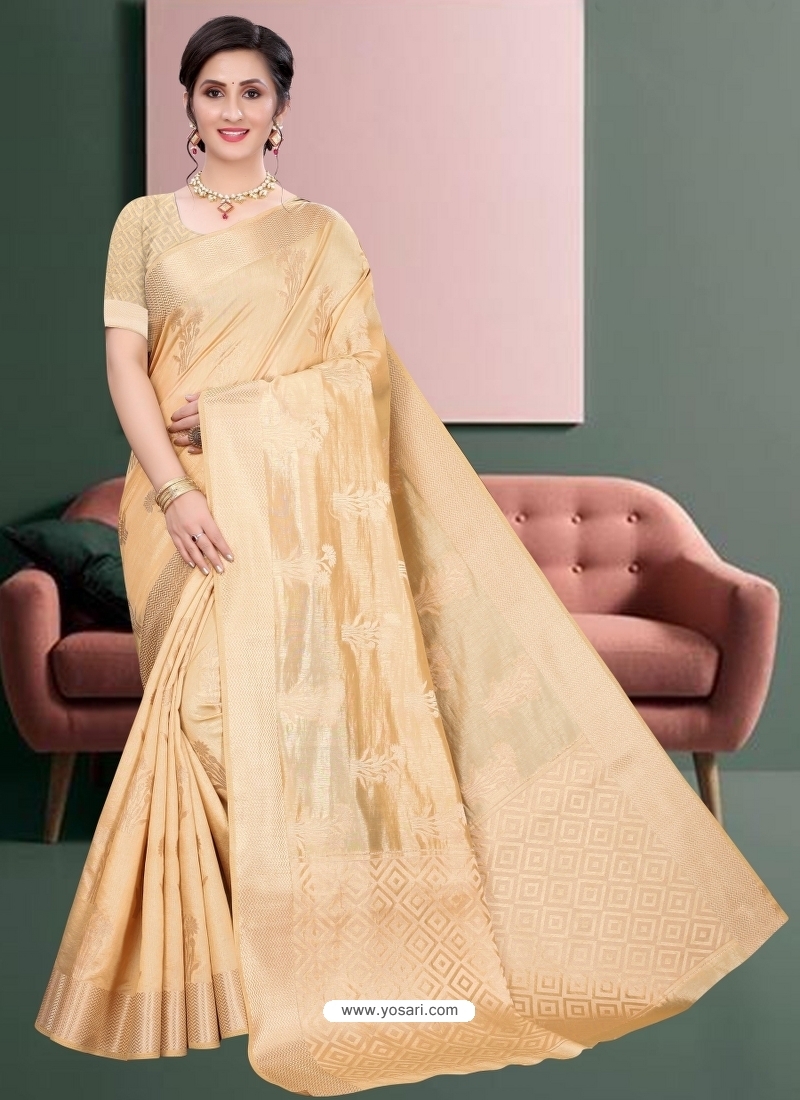 Cream Latest Designer Silk Party Wear Sari