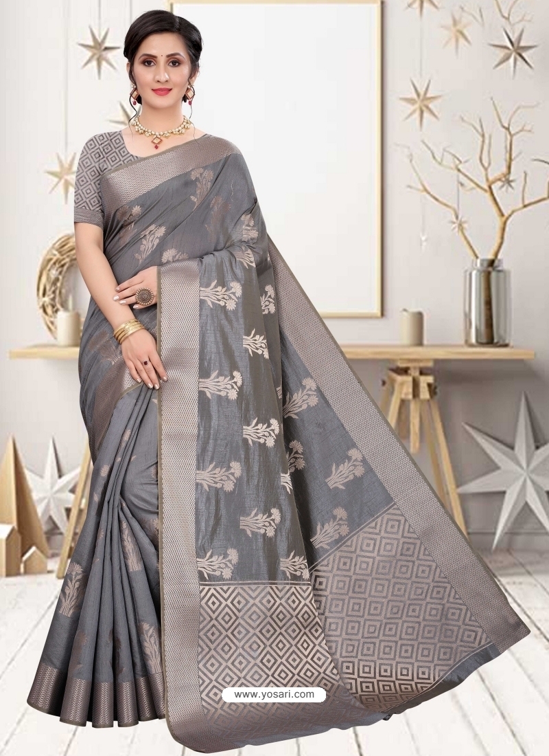 Grey Latest Designer Silk Party Wear Sari