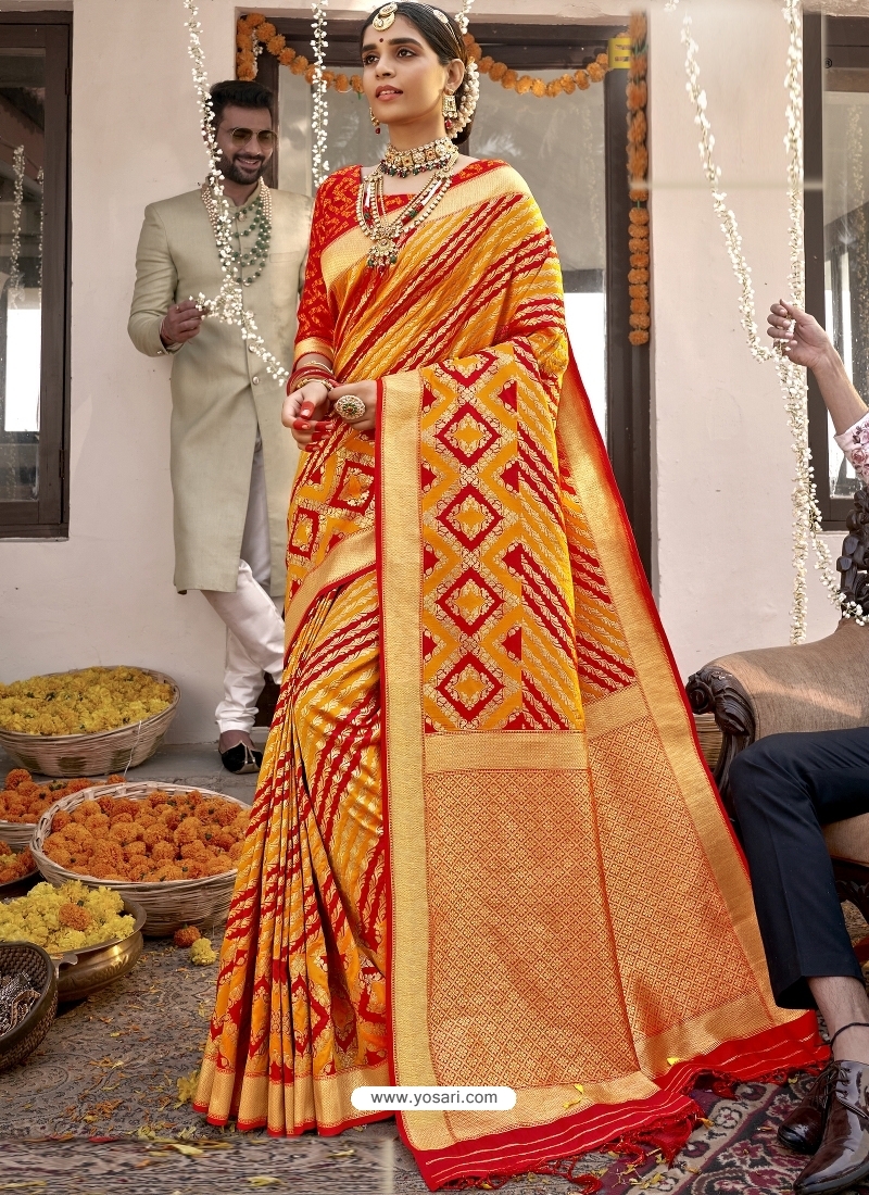 Yellow Heavy Designer Wedding Wear Silk Sari