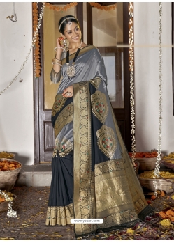 Grey Heavy Designer Wedding Wear Silk Sari