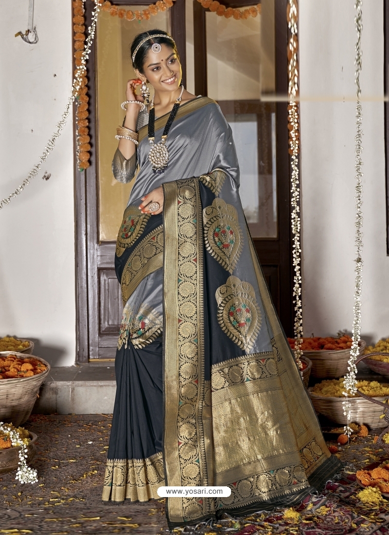 Grey Heavy Designer Wedding Wear Silk Sari