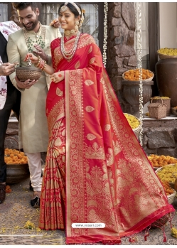 Tomato Red Heavy Designer Wedding Wear Silk Sari