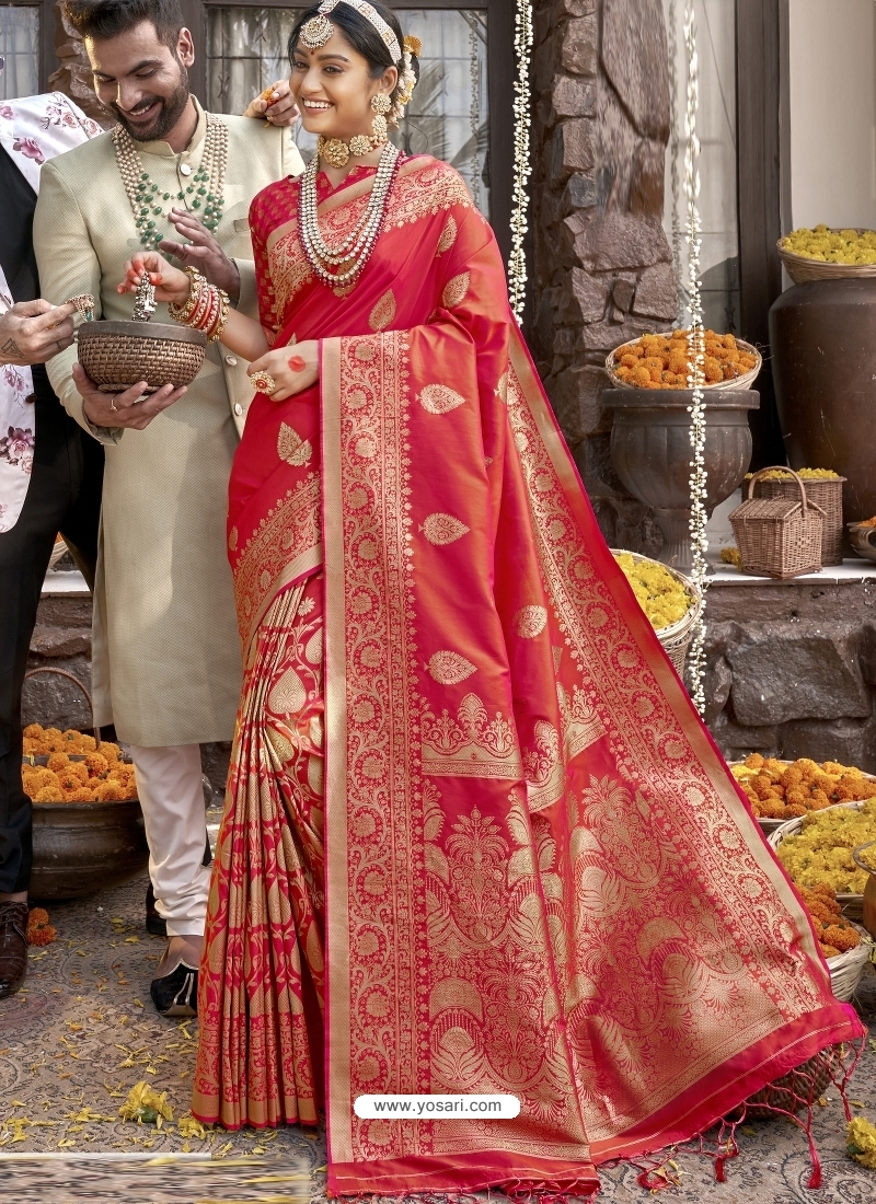 Tomato Red Heavy Designer Wedding Wear Silk Sari