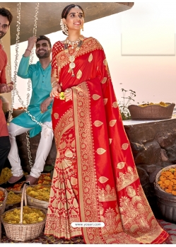 Red Heavy Designer Wedding Wear Silk Sari