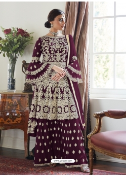 Deep Wine Designer Party Wear Butterfly Net Palazzo Suit